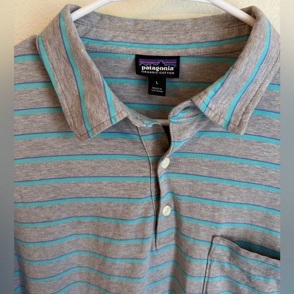 Patagonia Men's Gray and Blue Striped Polo - Large - Picture 2 of 4